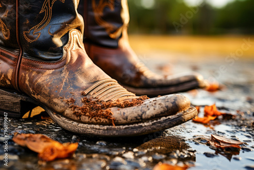 Muddy Cowboy Boots on Wet Ground Surrounded by Autumn Leaves