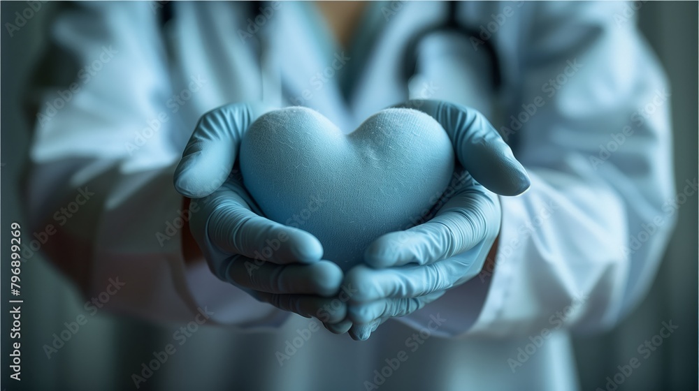 A doctor in gloves holds a heart in hand, symbolizing care and healing