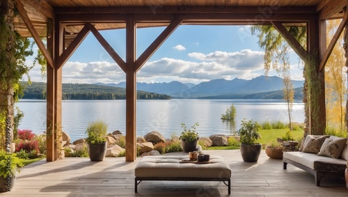 A covered patio with a view of a lake