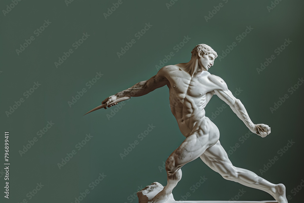 A marble figure of a javelin thrower, captured in mid-throw, set against a competitive olive background, evoking the timeless spirit of the Olympics A marble figure of a javelin thrower, captured in mid-throw, set against a competitive olive background, evoking the timeless spirit of the Olympics