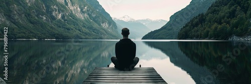 A lone figure sits on a wooden dock contemplating the serene and majestic mountain ringed lake before them a moment of solitude and reflection amidst
