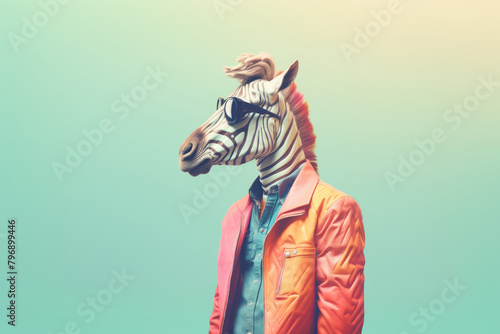 Creative funky portrait of a man with zebra head in sunglasses. Conceptual modern art.