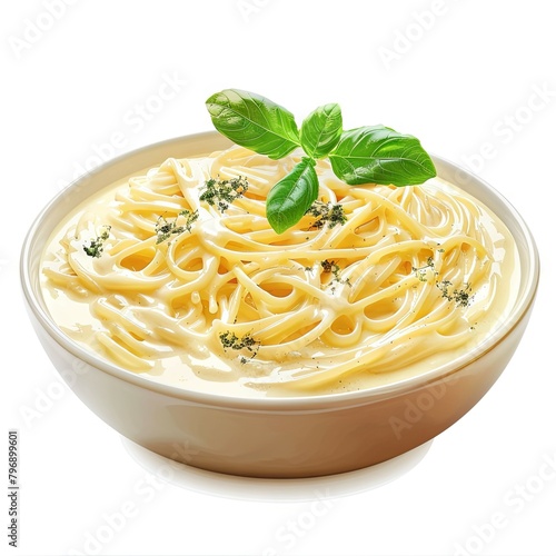 Appetizing Creamy Homemade Pasta Dish with Flavorful Sauce on White Background photo