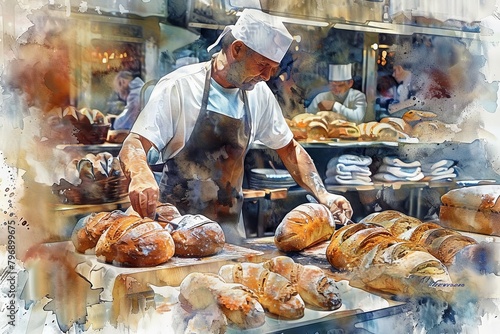 Artisan Baker Preparing Fresh Baked Goods in a Bustling Bakery Kitchen photo