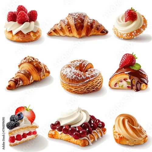 Assorted Delicate Pastries Displayed in Gourmet Bakery Setting on White Background