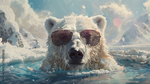 Polar bear wearing sunglasses lounges in a swimming pool amidst Arctic wilderness.