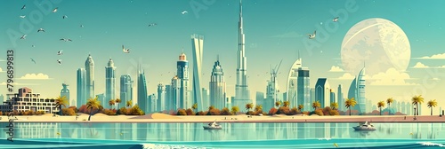 Futuristic Cityscape of Dubai s Iconic Skyline at Dusk with Glimmering Towers and Waterfront