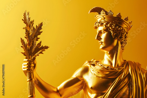 An archaic style statue of a laurel-crowned victor holding an Olympic torch, against a triumph gold background, symbolizing the glory of the ancient Games photo