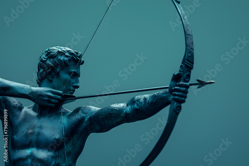 An archer statue drawing the bow, focused gaze on the target, against a concentration mint background, capturing the focus required in Olympic archery