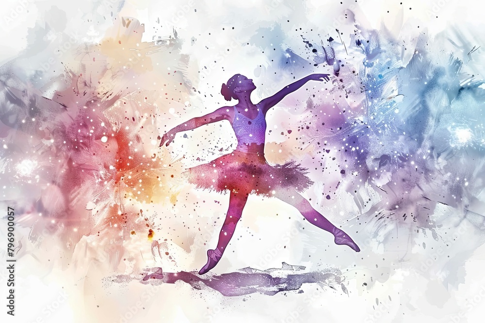 Graceful Dancer in Fluid Motion Vibrant Watercolor Graphic Art Depicting Ballet Performer s Leaping Leap
