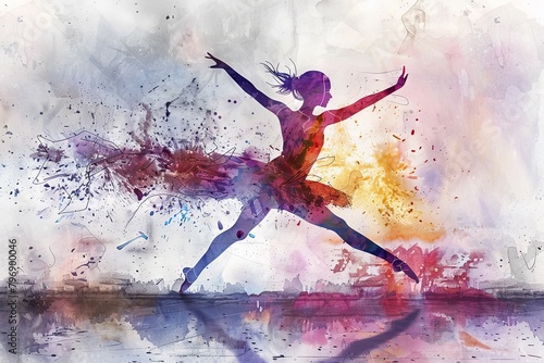 Graceful Dancer in Motion Vibrant Watercolor Graphic