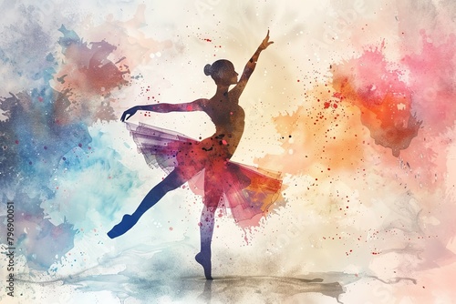 Graceful Ballet Dancer Leaping in Vibrant Watercolor Splash
