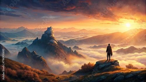 a lone figure on a misty mountaintop at dawn