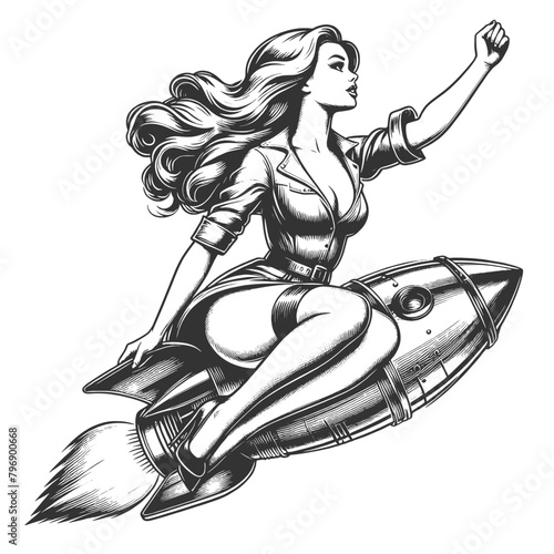retro pin-up girl with wavy hair, confidently riding a classic rocket sketch engraving generative ai fictional character vector illustration. Scratch board imitation. Black and white image.