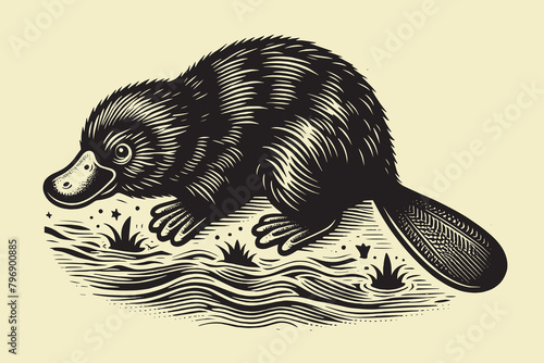 Platypus.  Old vintage engraving illustration. Hand drawn outline graphic. Logo, emblem, icon. Isolated object, cut out. black and white	