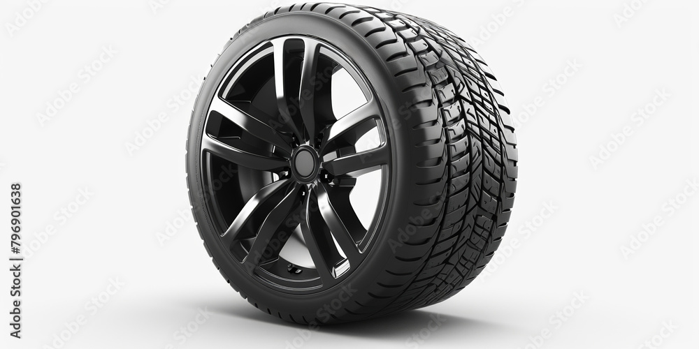 A new black tire on a shiny alloy rim, isolated on a white background, ready for the road or race track.