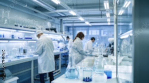 A blurred photograph capturing the bustling activity of scientists in lab coats conducting research in a modern, well-equipped laboratory. Resplendent.