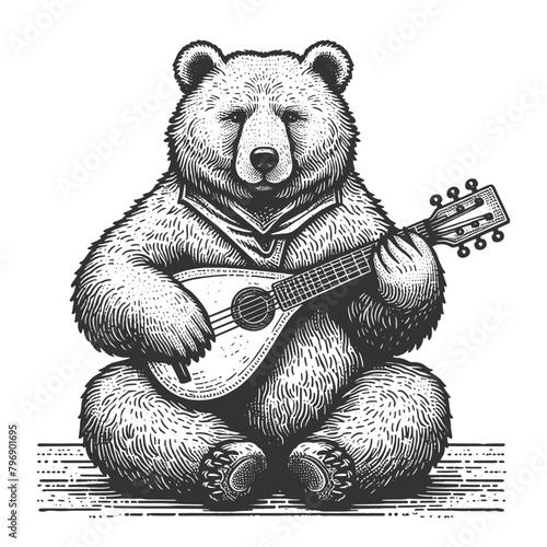 bear playing a mandolin, capturing the playful fusion of wildlife and music sketch engraving generative ai fictional character vector illustration. Scratch board imitation. Black and white image.