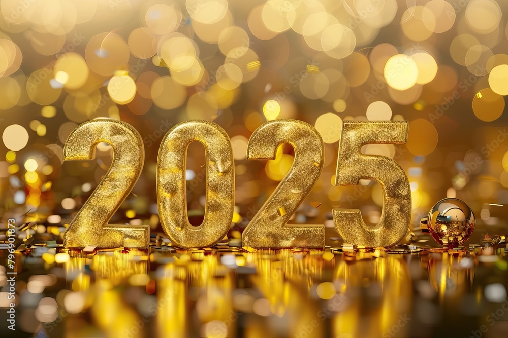 number 2025 - gold metal number. New year concept. Gold