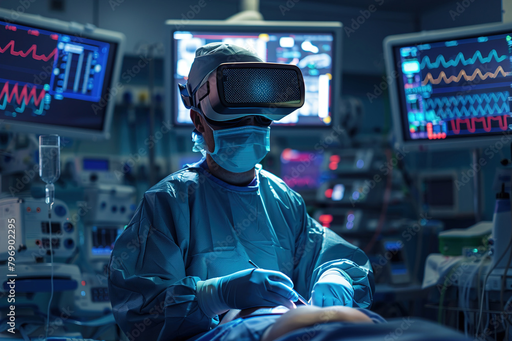 A surgeon wearing a white coat and a virtual reality glasses is operating on a patient A surgeon wearing a white coat and a virtual reality glasses is operating on a patient