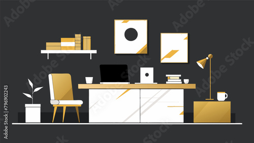Touches of gold and marble accents bring an elegant touch to an otherwise minimalist office setup..