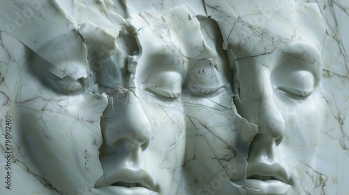 Sculptural composition of two broken heads in classical style. Cracked marble female sculpture. The concept of depression. Illustration for cover, card, interior design, poster, brochure, presentation photo