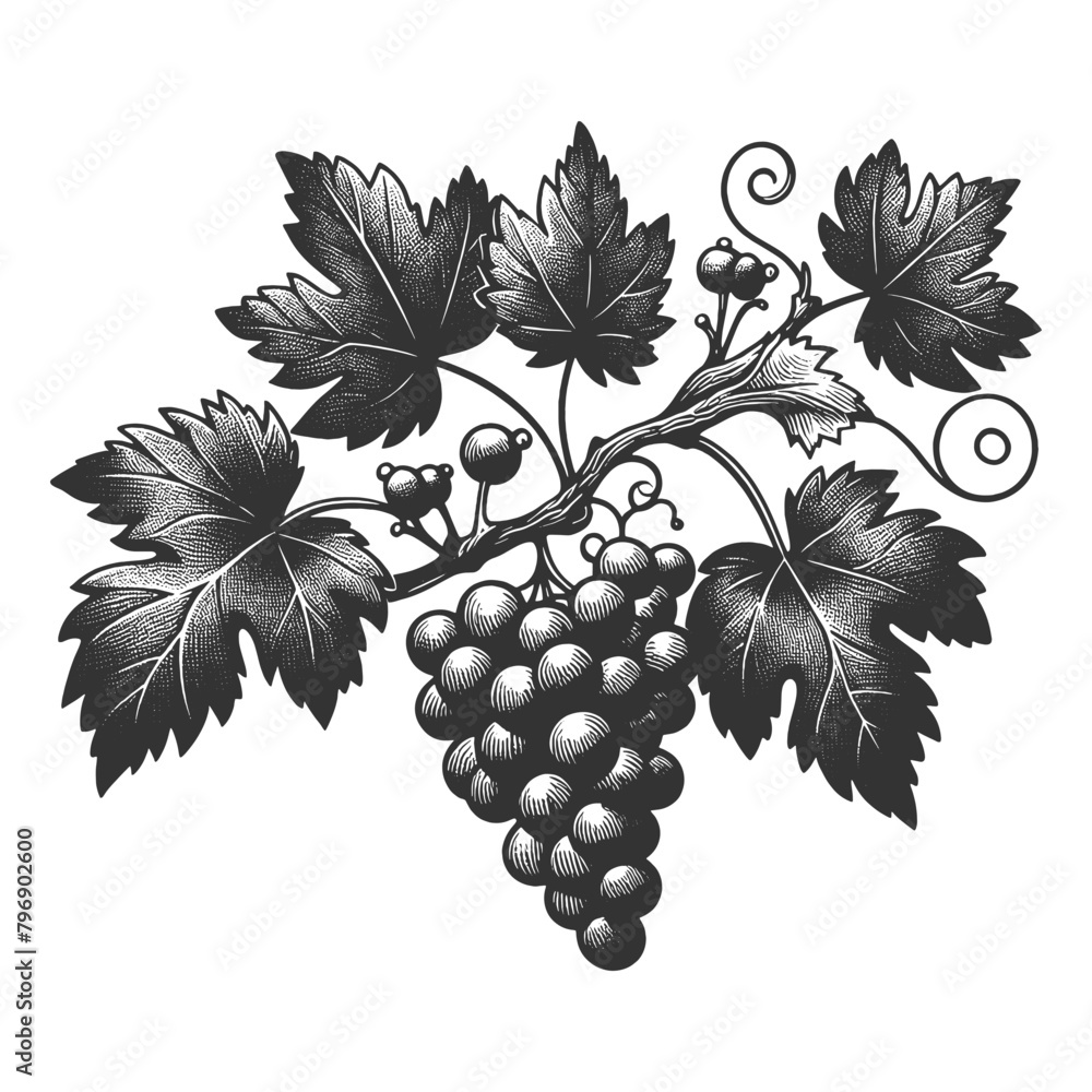 Obraz premium Bunch of grapes plant food plant sketch engraving generative ai vector illustration. Scratch board imitation. Black and white image.