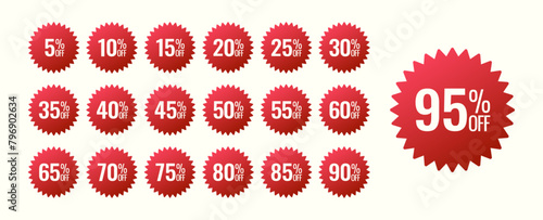 Set of red discount icons. Stickers for sale events. Gradient signs  for offer price.
