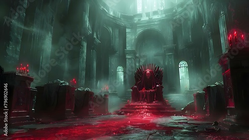 Malevolent Ruler in Shadowy Throne Room: A Foreboding Game Setting from a Character's View. Concept Dark Fantasy, Sinister Atmosphere, Intriguing Characters, Suspenseful Plot, Mysterious Throne Room