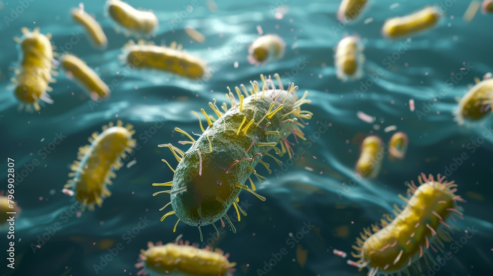 A body of water teeming with numerous small yellow and green objects floating harmoniously on its surface, all pointing in the same direction A body of water teeming with numerous small yellow and green objects floating harmoniously on its surface, all pointing in the same direction