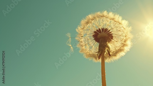   A dandelion drifts in the wind  sun shining behind