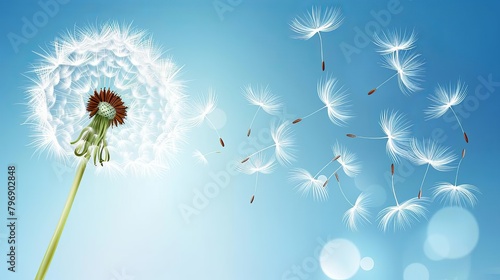  A dandelion drifts in the wind against a backdrop of blue sky In the foreground  a red and white flower blooms