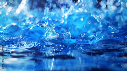   A tight shot of a blue water surface with a droplet forming at its surface