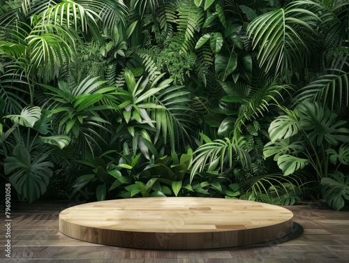 Eco-friendly product display podium, with lush green rainforest background, perfect for sustainability products and housewares
