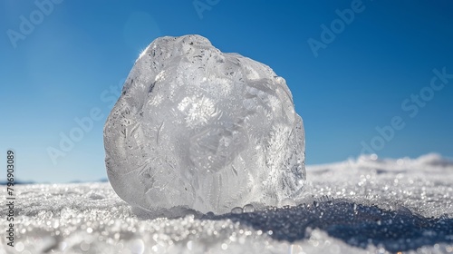   A large ice block atop a snow-covered ground against a backdrop of a blue sky