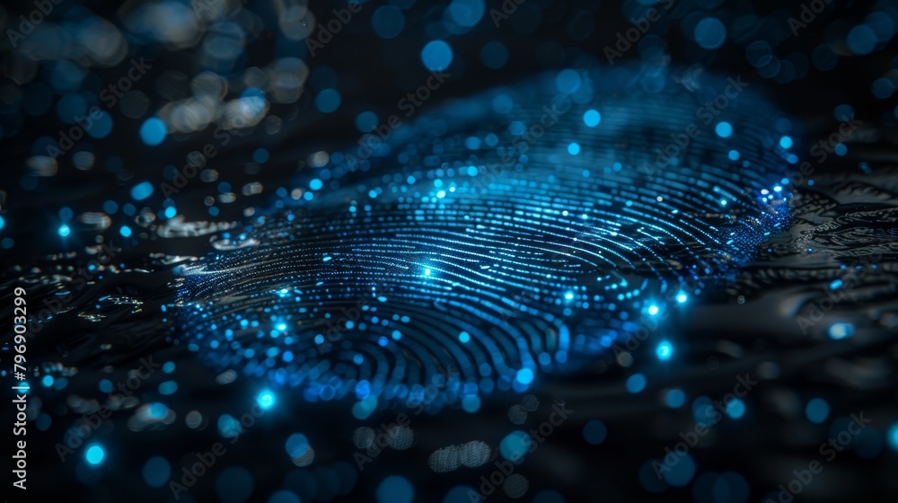 A fingerprint up-close on a surface, background featuring faintly blurred blue lights A fingerprint up-close on a surface, background featuring faintly blurred blue lights