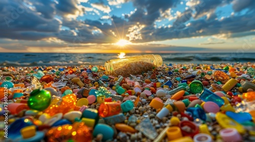   A bottle brimming with candies rests atop a sandy beach  facing the ocean under a cloud-studded sky