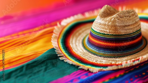 Colorful traditional Mexican sombrero on a vibrant textile background