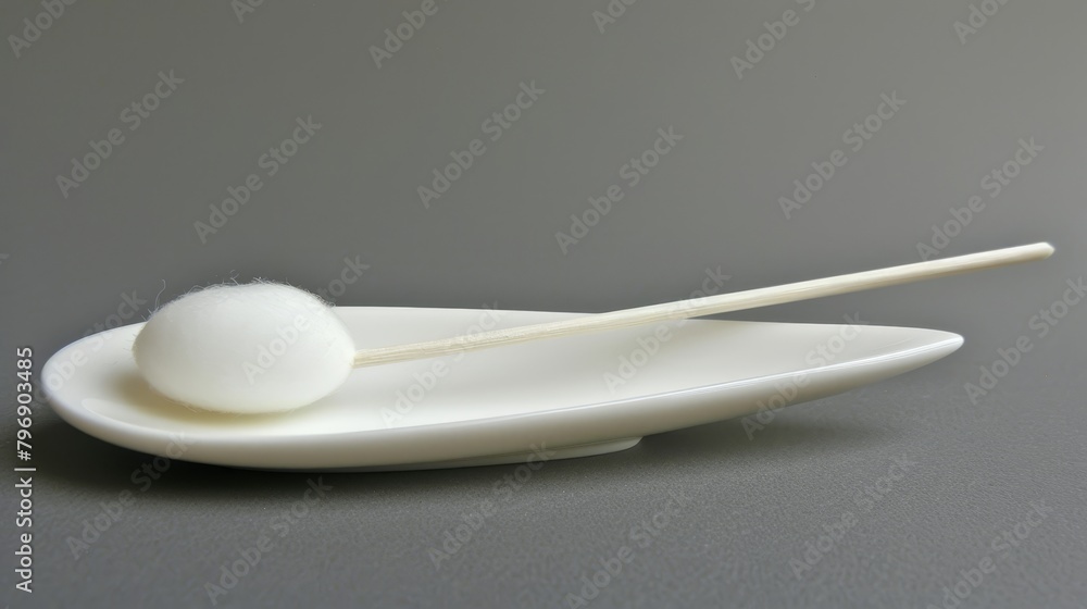 A pair of chopsticks atop a white plate; a single white ball rests thereat A pair of chopsticks atop a white plate; a single white ball rests thereat
