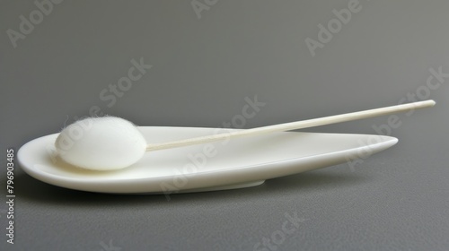   A pair of chopsticks atop a white plate; a single white ball rests thereat photo