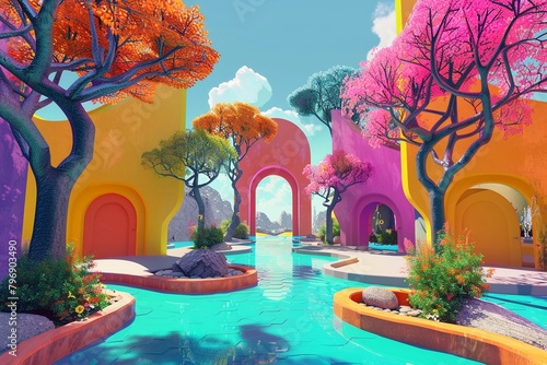 A surreal pond pool surrounded by colorful trees and flowers, escape the chaos, find peace and tranquility. © BBestiny