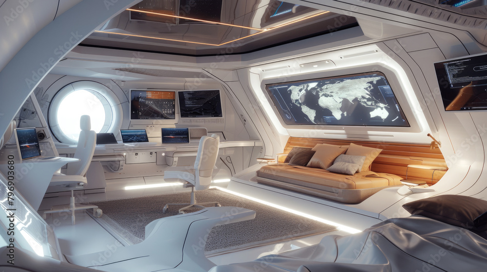 Spaceship room interior, design of white habitat with computer screens and map in spacecraft. Futuristic living compartment. Concept of space, technology, scifi, future Spaceship room interior, design of white habitat with computer screens and map in spacecraft. Futuristic living compartment. Concept of space, technology, scifi, future