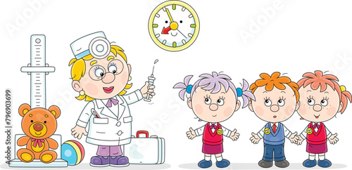 Doctor pediatrician in a white hospital gown holding a syringe for vaccination little kids in a medical office of a pediatric polyclinic, vector cartoon illustration isolated on a white background