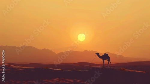 Serene sunset silhouette with lone camel in desert landscape