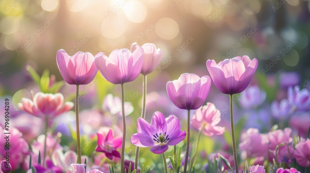 Radiant tulip garden in morning sunlight, capturing spring beauty