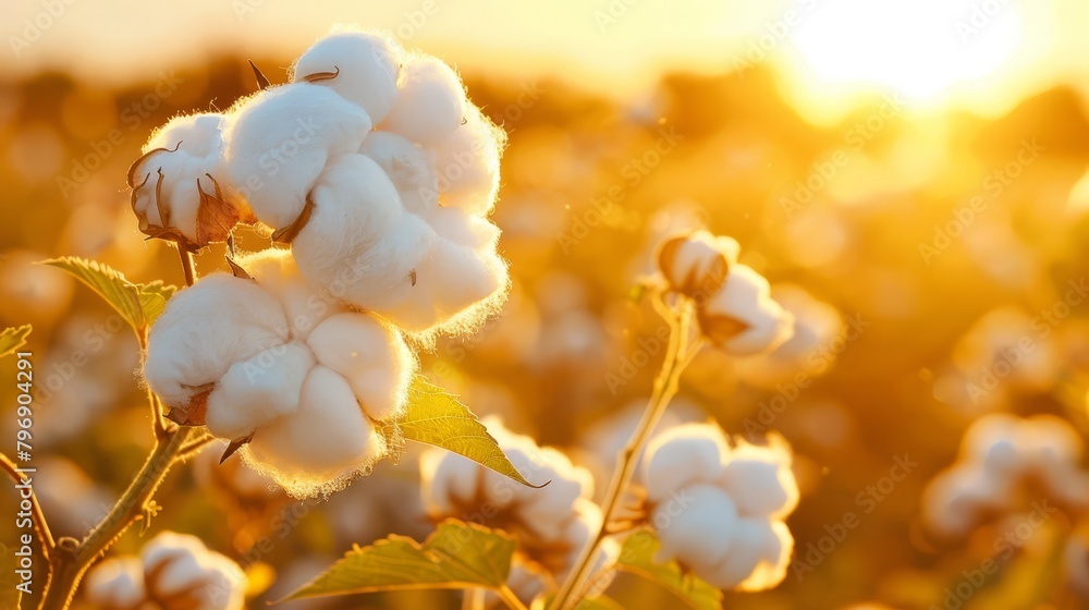 A cotton plant's close-up with sun-kissed background,..Foreground: cotton flowers blooming array A cotton plant's close-up with sun-kissed background,..Foreground: cotton flowers blooming array