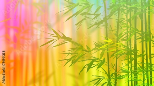 Tranquil bamboo forest with radiant rainbow background