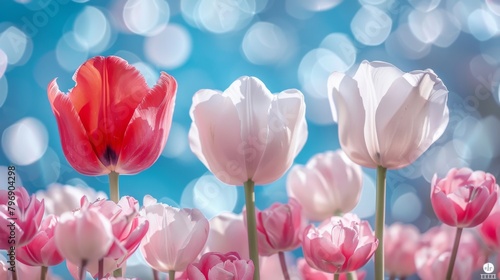 Radiant spring tulips under glistening sunlight with bokeh background #796904298