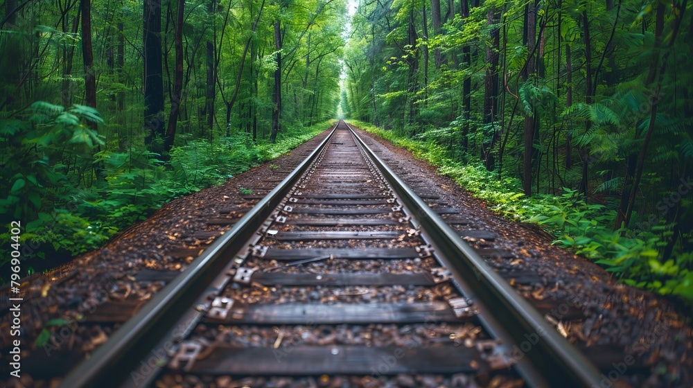   A train track cuts through a forest, flanked by dense trees on each side At the track's endpoint, a solitary light glows