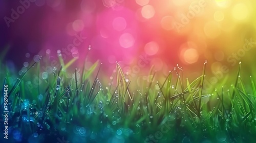 Vibrant dew drops on fresh green grass under colorful bokeh background